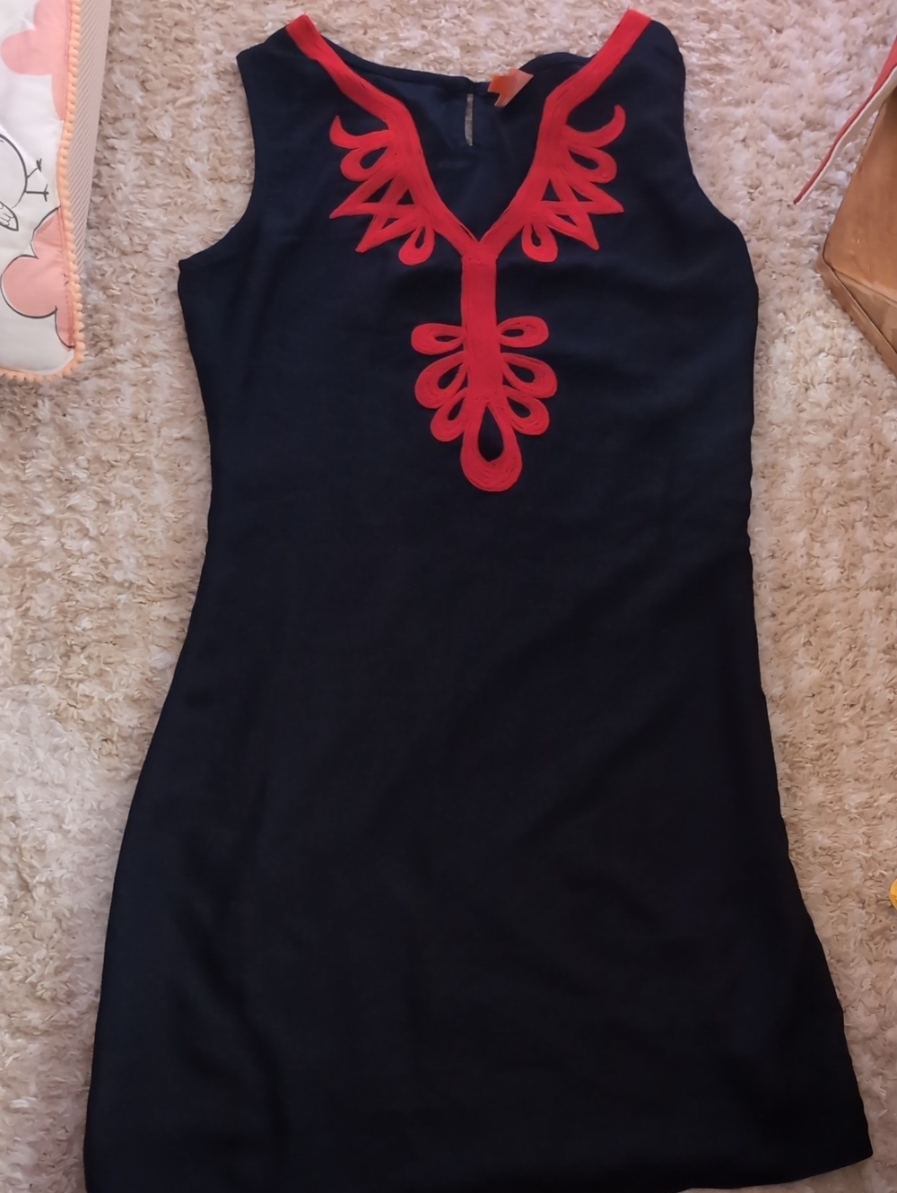 Sleeveless Black Dress Top with Red Appliqué Detail